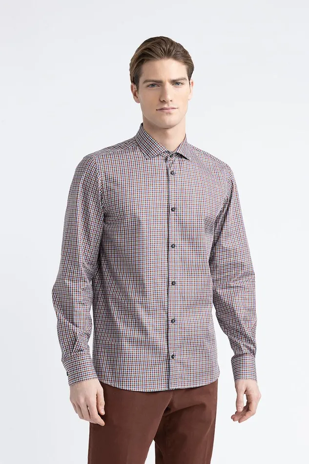 Peserico Shirts Man Micro Check Cotton Shirt Mahogany