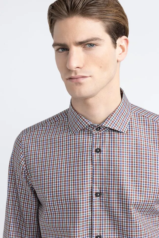 Peserico Shirts Man Micro Check Cotton Shirt Mahogany Peserico Shirts Man Micro Check Cotton Shirt Mahogany