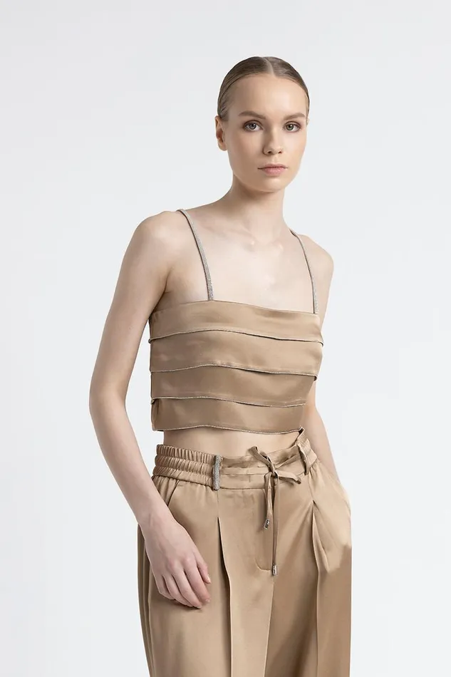 Peserico Tops And TShirts Woman Cady Envers Satin Tiered Top Camel