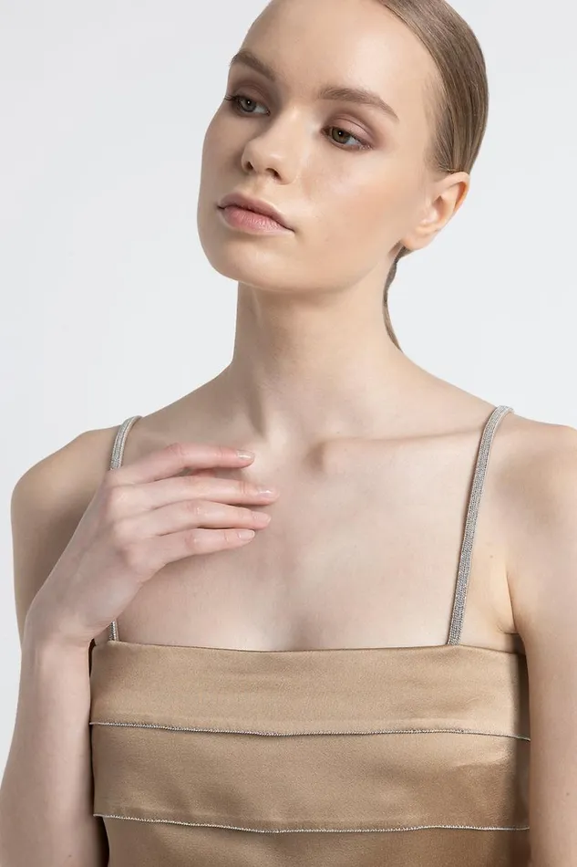Peserico Tops And TShirts Woman Cady Envers Satin Tiered Top Camel Peserico Tops And TShirts Woman Cady Envers Satin Tiered Top Camel