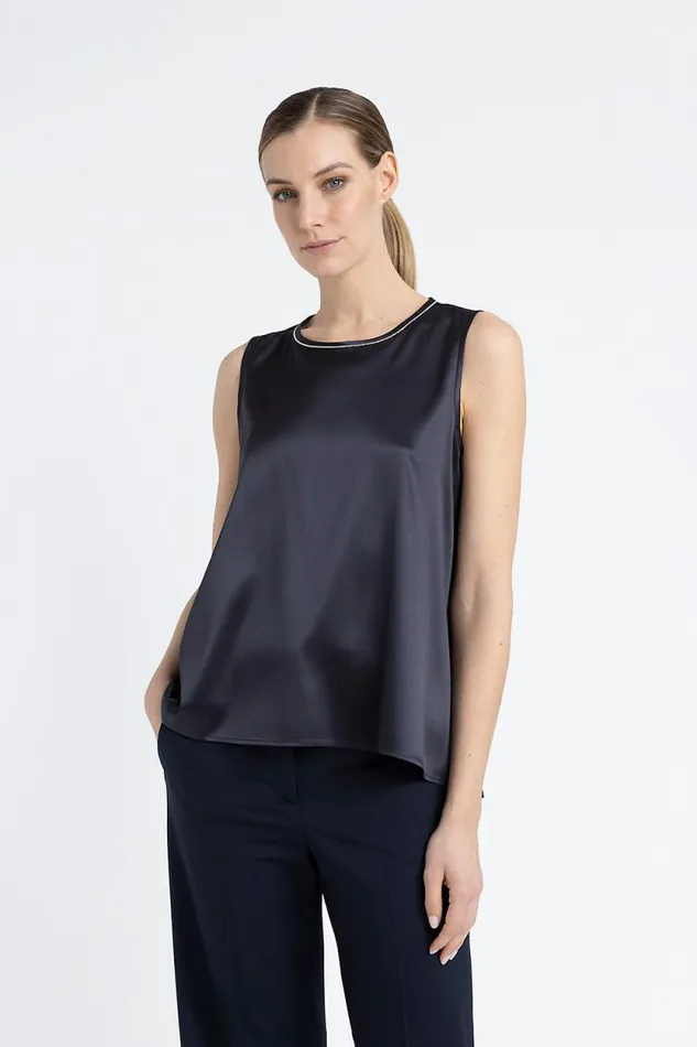 Peserico Tops And TShirts Woman RoundNeck Top In Shiny Silk Satin Inkwell Blue Peserico Tops And TShirts Woman RoundNeck Top In Shiny Silk Satin Inkwell Blue