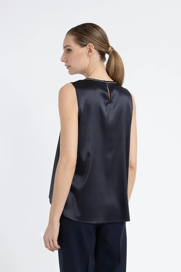 Peserico Tops And TShirts Woman RoundNeck Top In Shiny Silk Satin Inkwell Blue Peserico Tops And TShirts Woman RoundNeck Top In Shiny Silk Satin Inkwell Blue