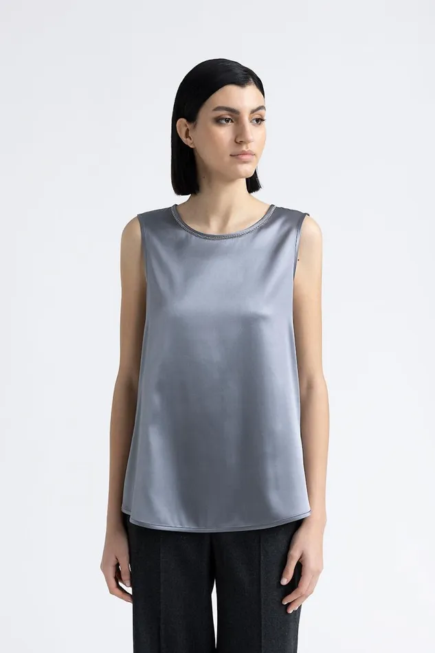 Peserico Tops And TShirts Woman Shiny Silk Satin Top With Punto Luce Trim Slate Peserico Tops And TShirts Woman Shiny Silk Satin Top With Punto Luce Trim Slate