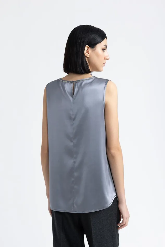 Peserico Tops And TShirts Woman Shiny Silk Satin Top With Punto Luce Trim Slate Peserico Tops And TShirts Woman Shiny Silk Satin Top With Punto Luce Trim Slate