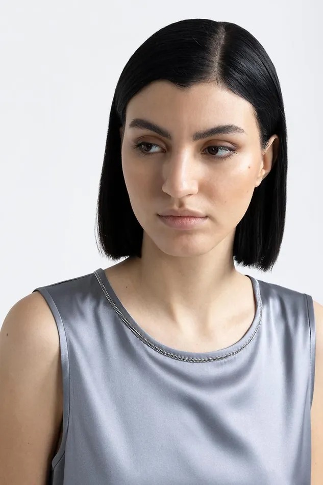 Peserico Tops And TShirts Woman Shiny Silk Satin Top With Punto Luce Trim Slate Peserico Tops And TShirts Woman Shiny Silk Satin Top With Punto Luce Trim Slate