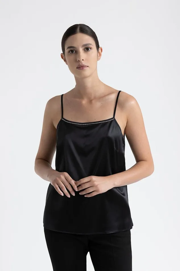 Peserico Tops And TShirts Woman Shiny Silk Satin Top With Straps Black