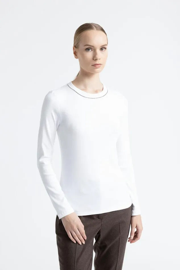 Peserico Tops And TShirts Woman Stretch Jersey TShirt With Punto Luce Trim Pure White Peserico Tops And TShirts Woman Stretch Jersey TShirt With Punto Luce Trim Pure White