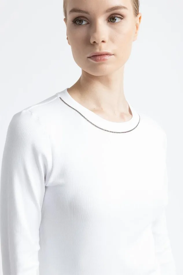 Peserico Tops And TShirts Woman Stretch Jersey TShirt With Punto Luce Trim Pure White Peserico Tops And TShirts Woman Stretch Jersey TShirt With Punto Luce Trim Pure White