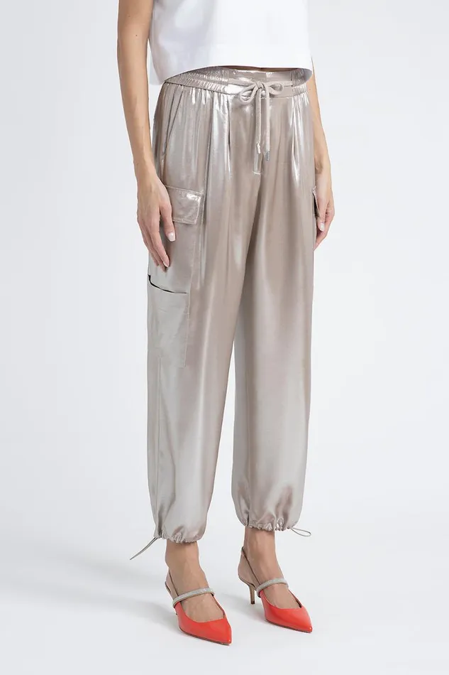 Peserico Trousers Woman Baggy Trousers In Flowing Silver Laminated Viscose Twill Macchiato Peserico Trousers Woman Baggy Trousers In Flowing Silver Laminated Viscose Twill Macchiato