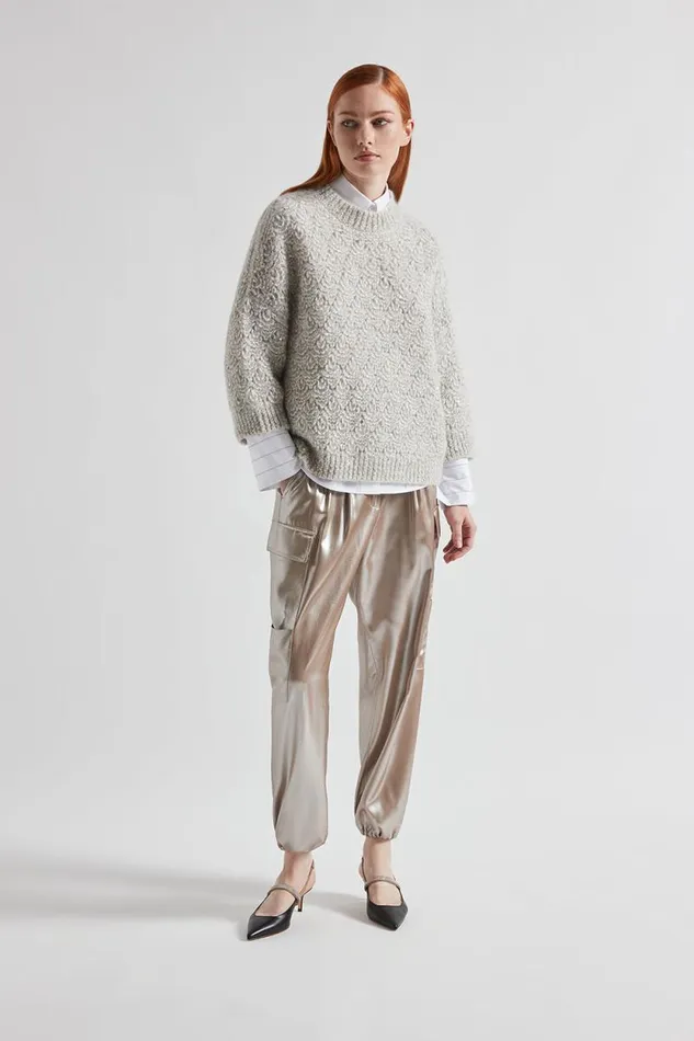 Peserico Trousers Woman Baggy Trousers In Flowing Silver Laminated Viscose Twill Macchiato Peserico Trousers Woman Baggy Trousers In Flowing Silver Laminated Viscose Twill Macchiato