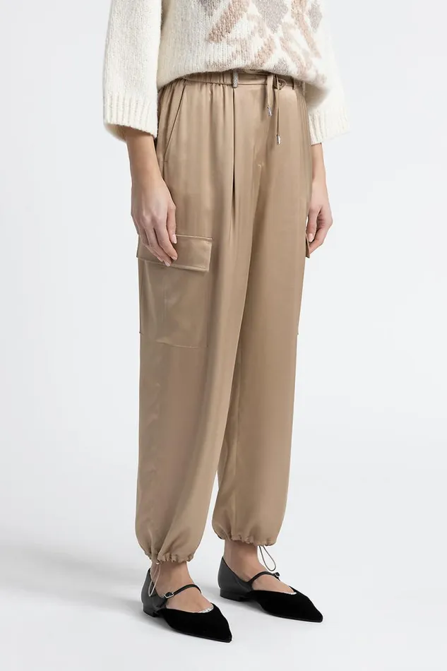Peserico Trousers Woman Viscose Satin Baggy Cargo Trousers Camel