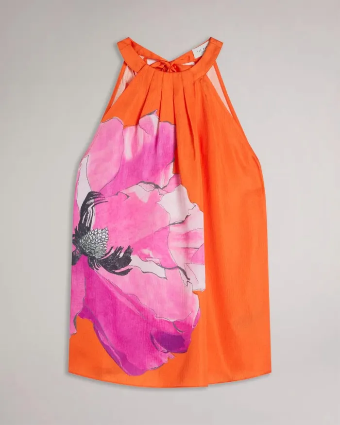 Pleated Floral Halter Neck Top Bright Orange Women Ted Baker Tops and TShirts