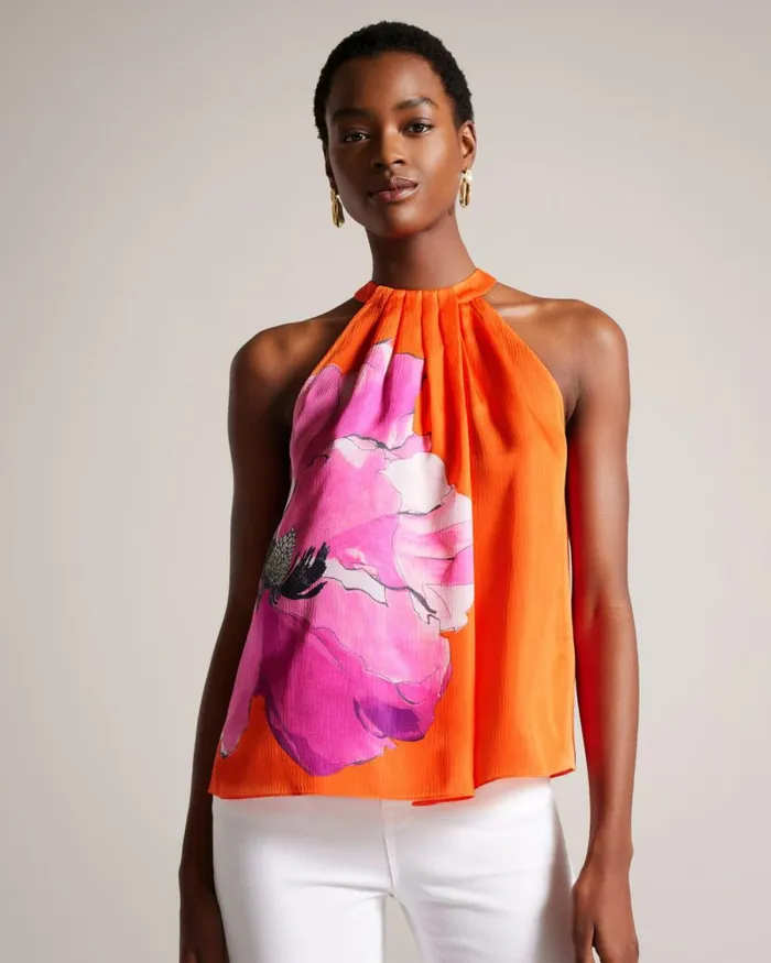 Pleated Floral Halter Neck Top Bright Orange Women Ted Baker Tops and TShirts Pleated Floral Halter Neck Top Bright Orange Women Ted Baker Tops and TShirts