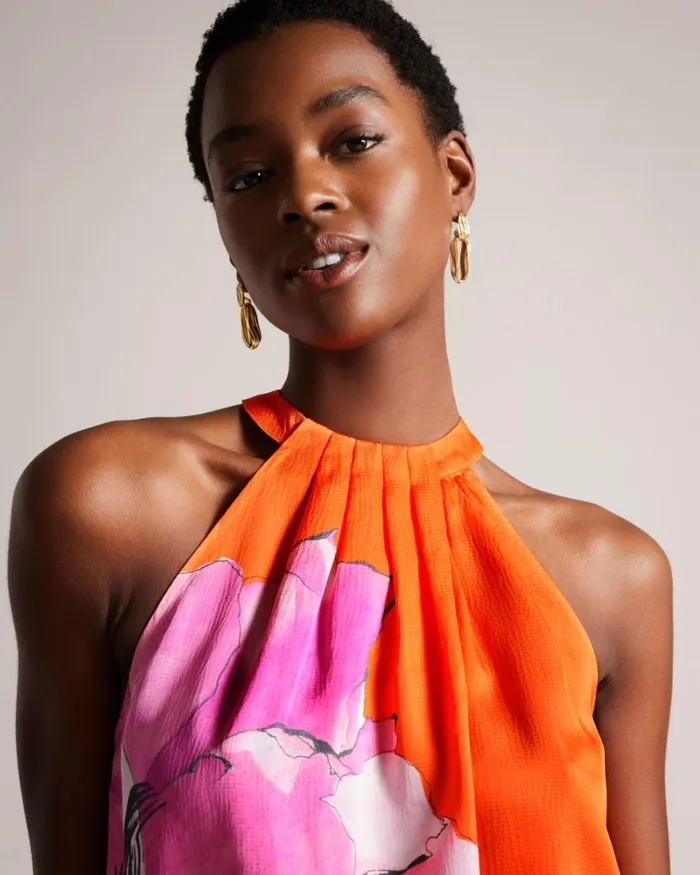 Pleated Floral Halter Neck Top Bright Orange Women Ted Baker Tops and TShirts Pleated Floral Halter Neck Top Bright Orange Women Ted Baker Tops and TShirts
