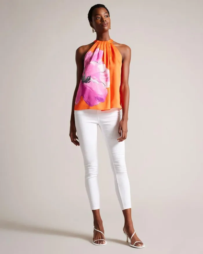 Pleated Floral Halter Neck Top Bright Orange Women Ted Baker Tops and TShirts Pleated Floral Halter Neck Top Bright Orange Women Ted Baker Tops and TShirts
