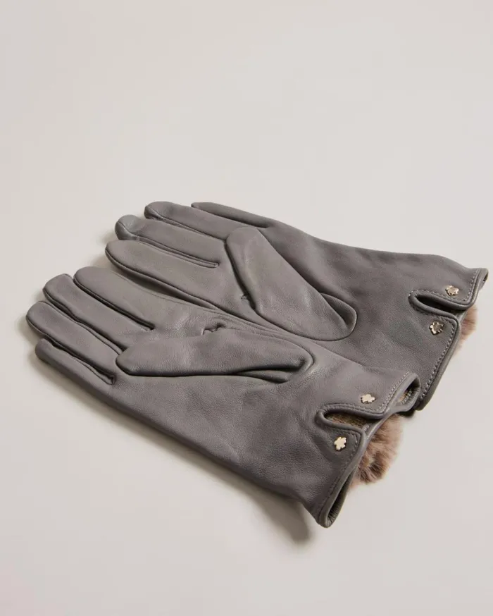 Pom Pom Detail Leather Gloves Gray Women Ted Baker Gloves