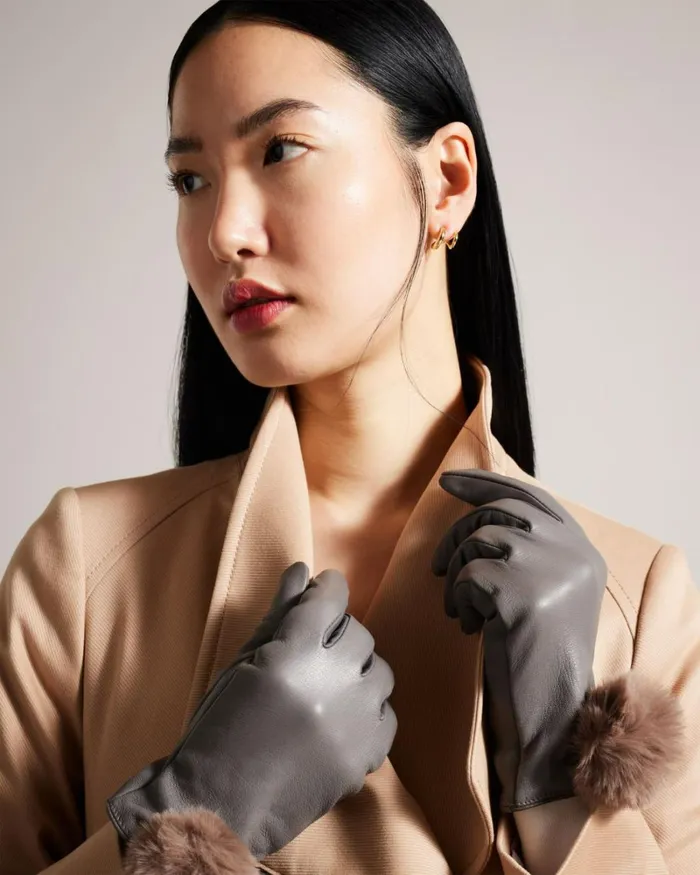 Pom Pom Detail Leather Gloves Gray Women Ted Baker Gloves Pom Pom Detail Leather Gloves Gray Women Ted Baker Gloves