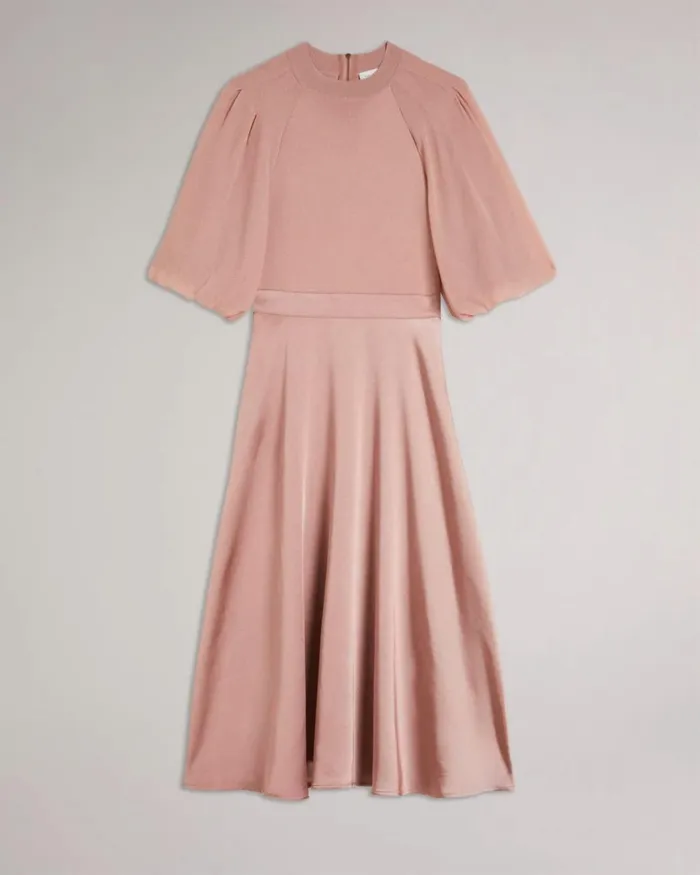Puff Sleeve Fitted Bodice Midi Dress Dusky Pink Women Ted Baker Clothing