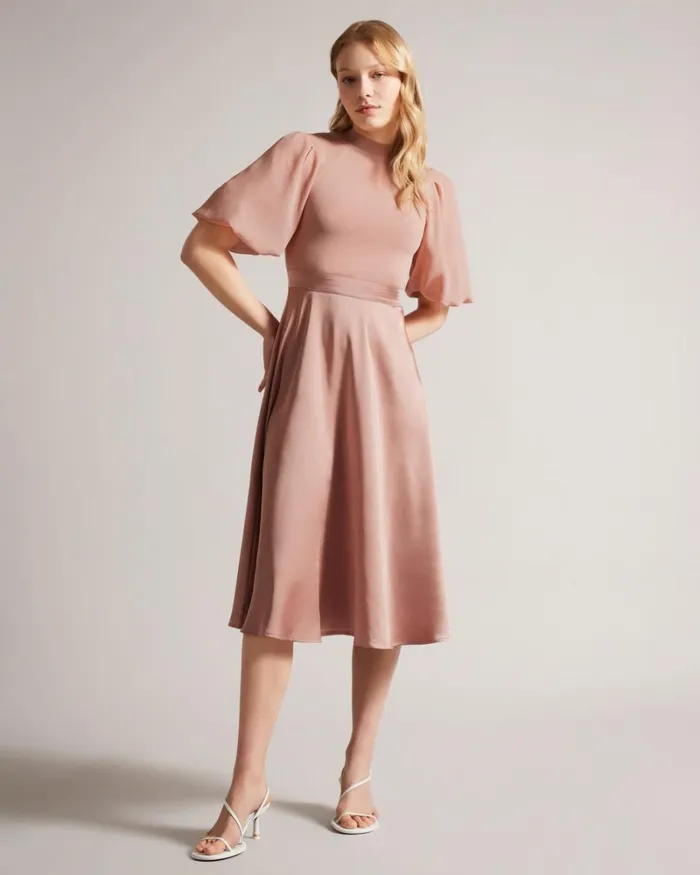 Puff Sleeve Fitted Bodice Midi Dress Dusky Pink Women Ted Baker Clothing