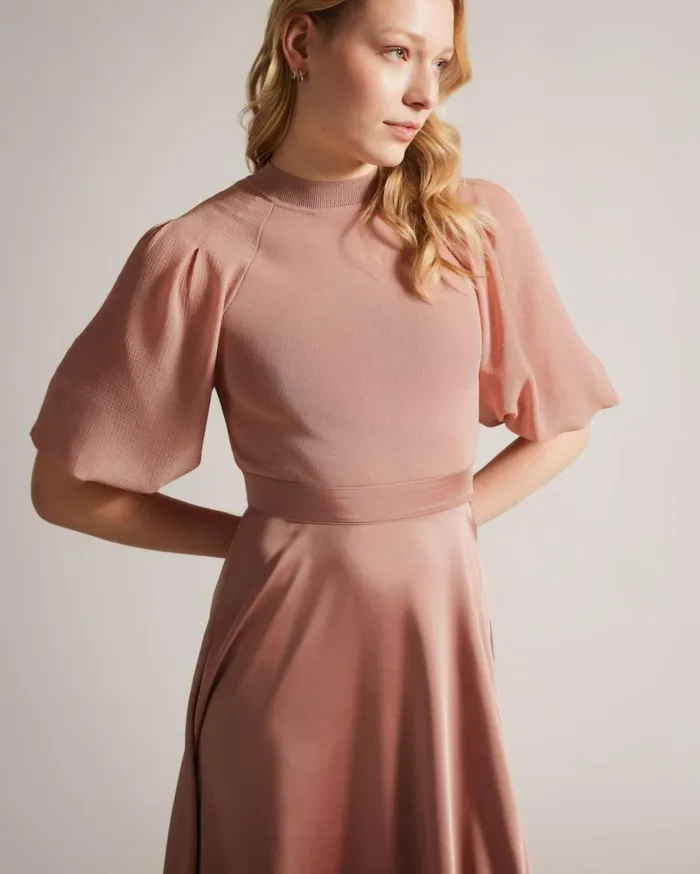 Puff Sleeve Fitted Bodice Midi Dress Dusky Pink Women Ted Baker Clothing