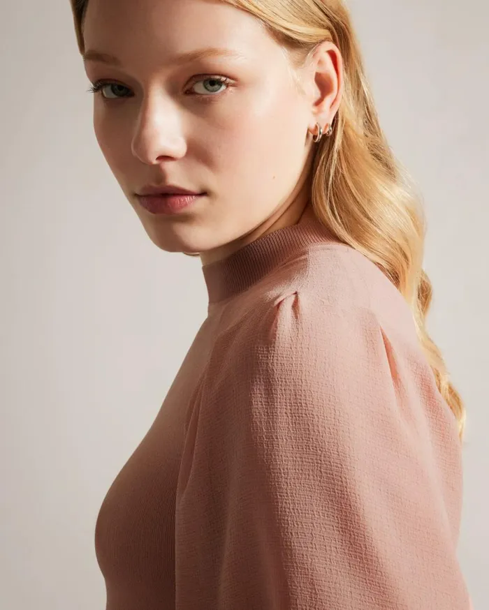 Puff Sleeve Fitted Bodice Midi Dress Dusky Pink Women Ted Baker Clothing