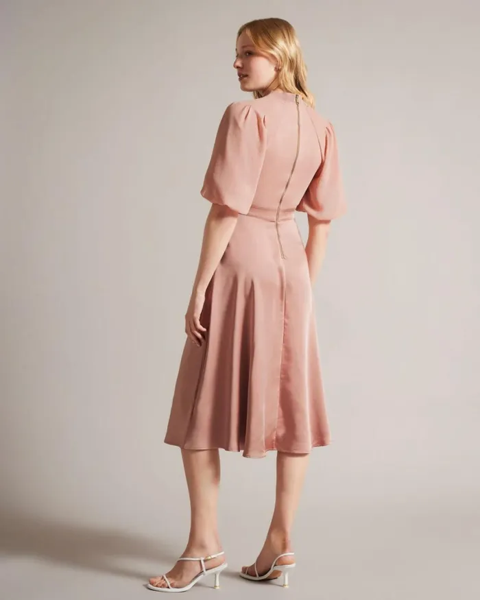 Puff Sleeve Fitted Bodice Midi Dress Dusky Pink Women Ted Baker Clothing