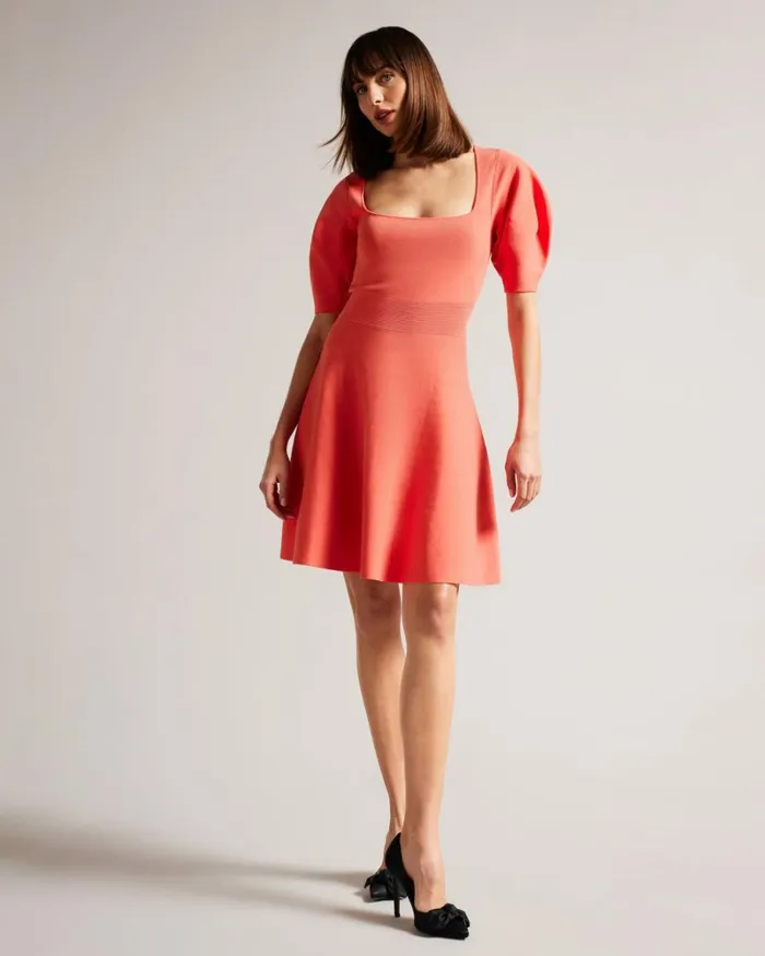 Puff Sleeve Skater Dress Coral Women Ted Baker Clothing