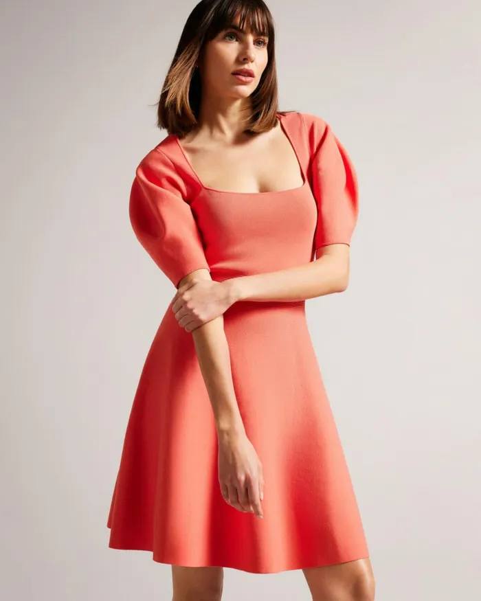 Puff Sleeve Skater Dress Coral Women Ted Baker Clothing