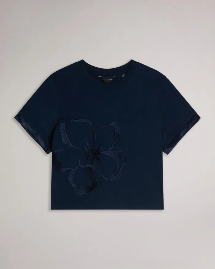Roll Sleeve Tee With Satin Stitch Magnolia Navy Women Ted Baker Clothing