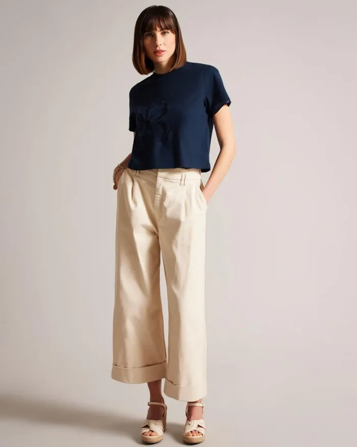 Roll Sleeve Tee With Satin Stitch Magnolia Navy Women Ted Baker Clothing