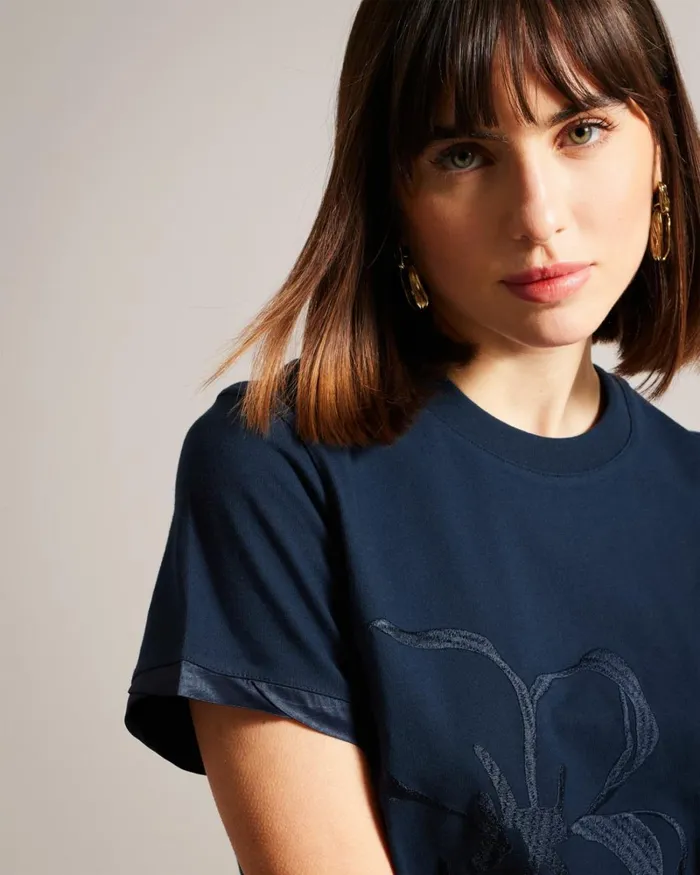 Roll Sleeve Tee With Satin Stitch Magnolia Navy Women Ted Baker Clothing