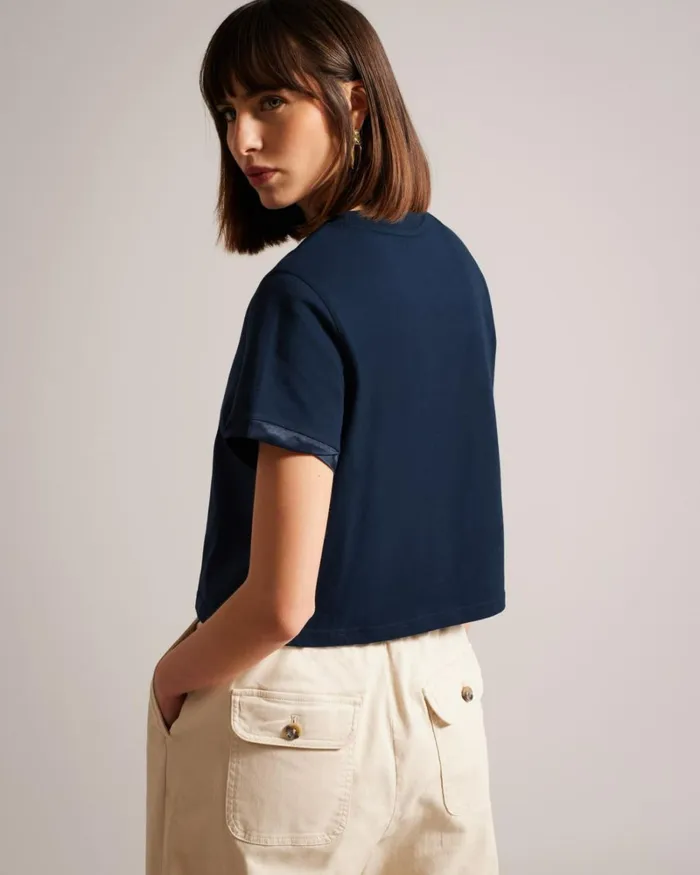 Roll Sleeve Tee With Satin Stitch Magnolia Navy Women Ted Baker Clothing