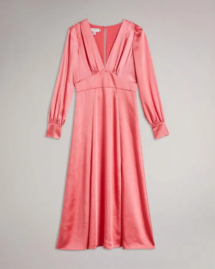 Satin Midi Dress With Blouson Sleeve Coral Women Ted Baker Clothing