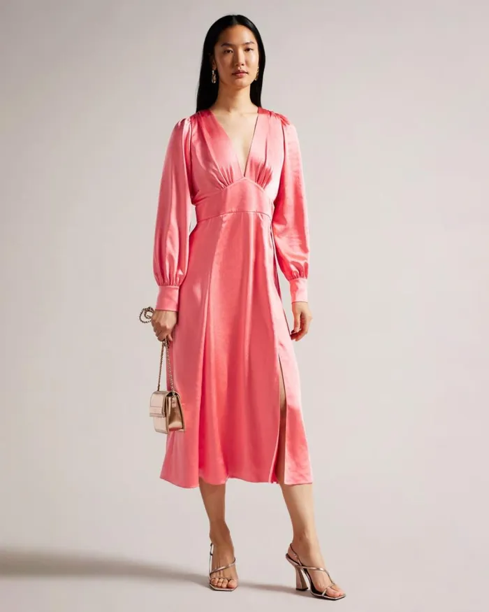 Satin Midi Dress With Blouson Sleeve Coral Women Ted Baker Clothing