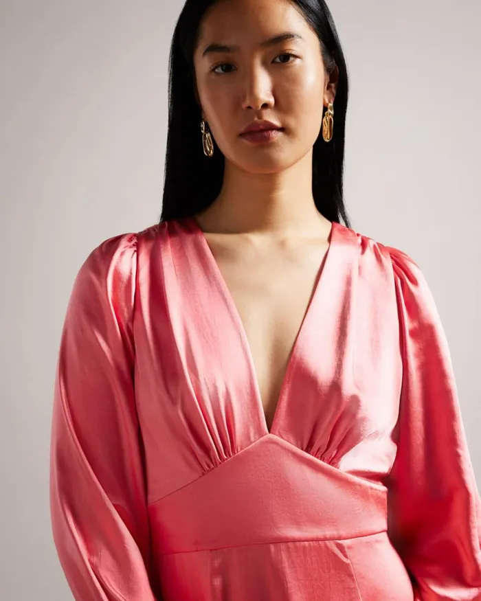 Satin Midi Dress With Blouson Sleeve Coral Women Ted Baker Clothing