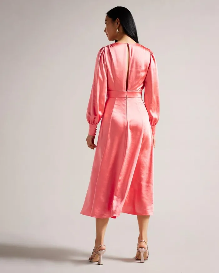 Satin Midi Dress With Blouson Sleeve Coral Women Ted Baker Clothing