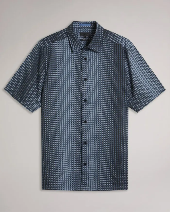 Short Sleeve Geometric Print Lyocell Shirt Navy Men Ted Baker Clothing