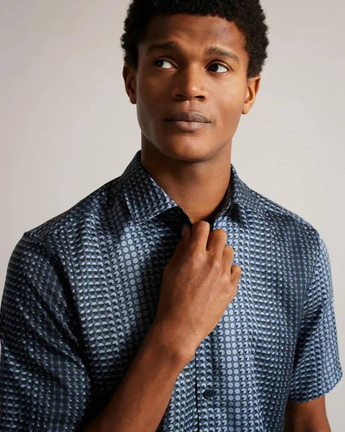Short Sleeve Geometric Print Lyocell Shirt Navy Men Ted Baker Clothing