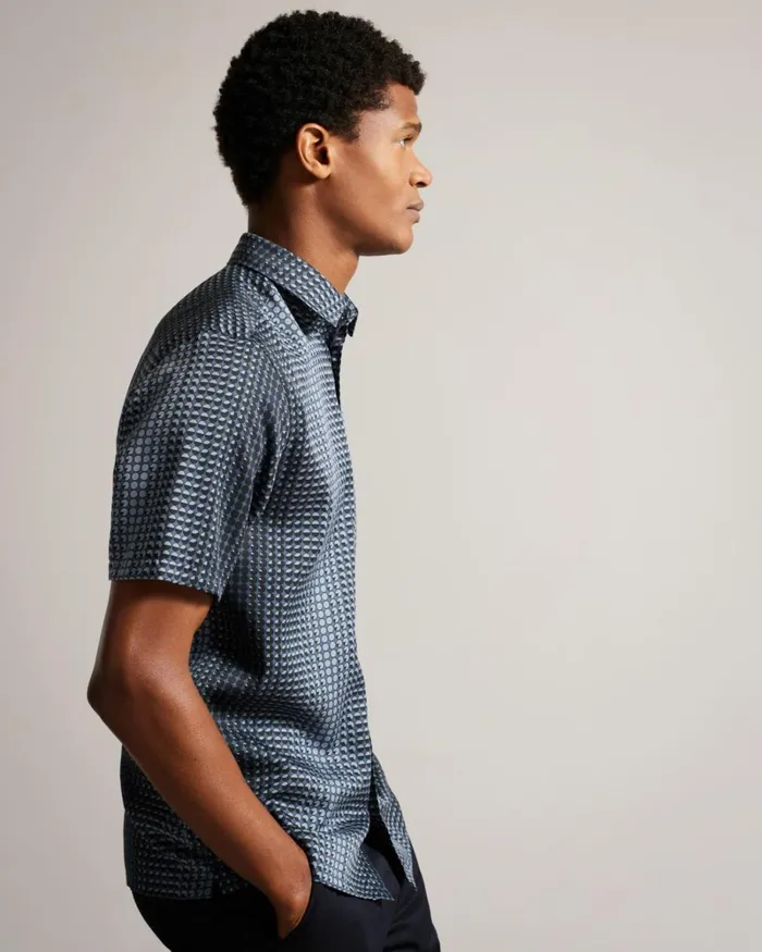 Short Sleeve Geometric Print Lyocell Shirt Navy Men Ted Baker Clothing
