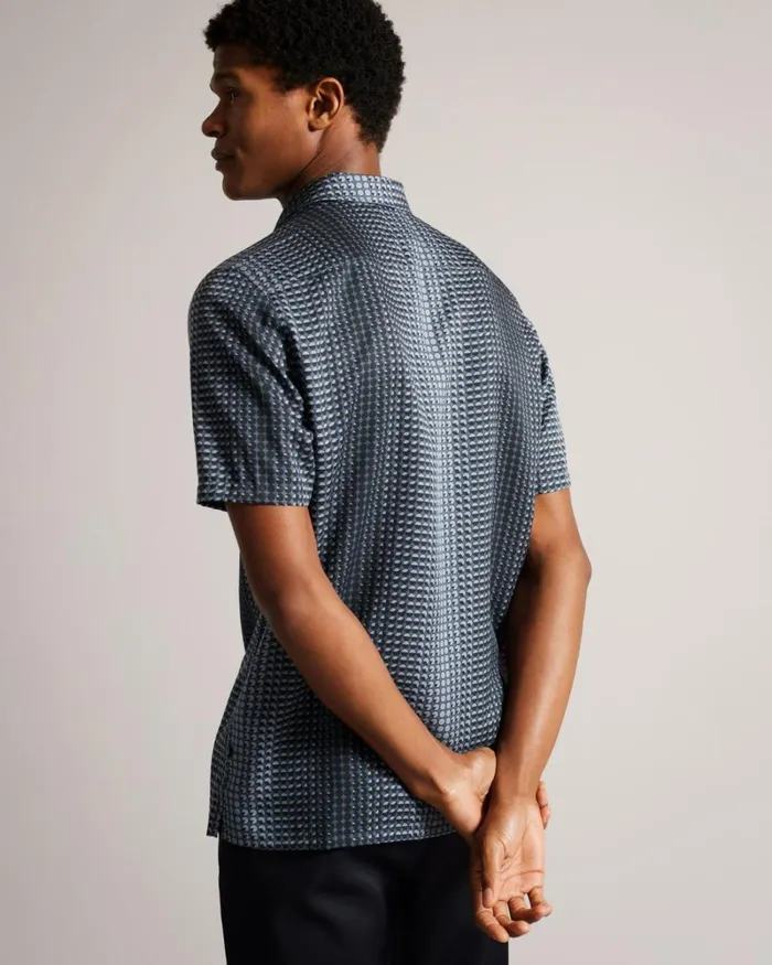 Short Sleeve Geometric Print Lyocell Shirt Navy Men Ted Baker Clothing