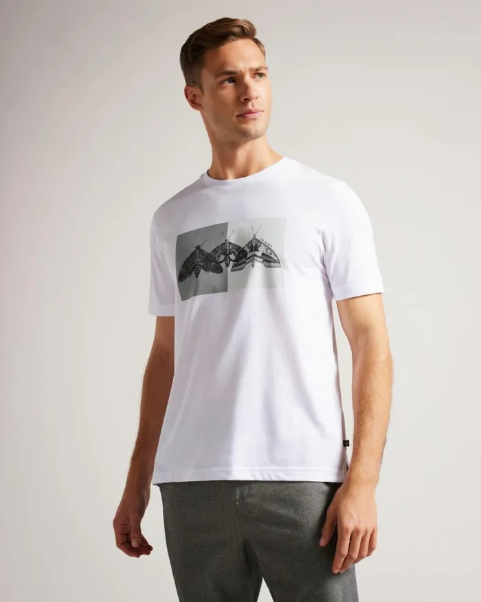 Short Sleeve Regular Fit Moth Print TShirt White Men Ted Baker Clothing