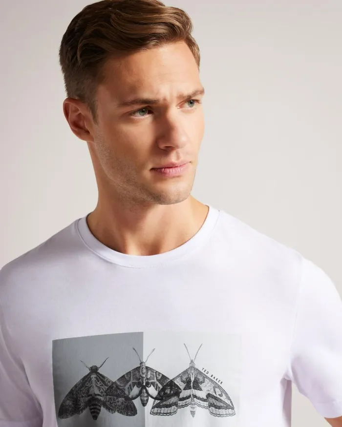 Short Sleeve Regular Fit Moth Print TShirt White Men Ted Baker Clothing