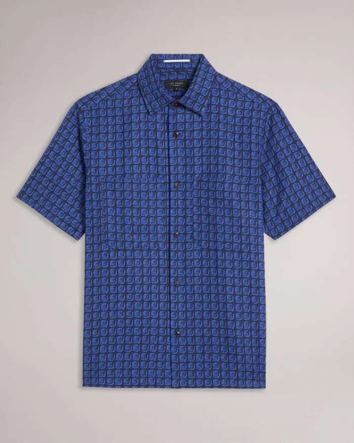 Short Sleeve Retro Tile Print Shirt Navy Men Ted Baker Shirts