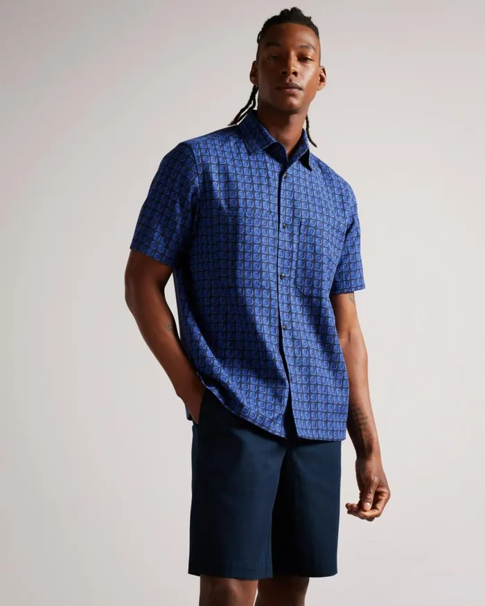 Short Sleeve Retro Tile Print Shirt Navy Men Ted Baker Shirts Short Sleeve Retro Tile Print Shirt Navy Men Ted Baker Shirts