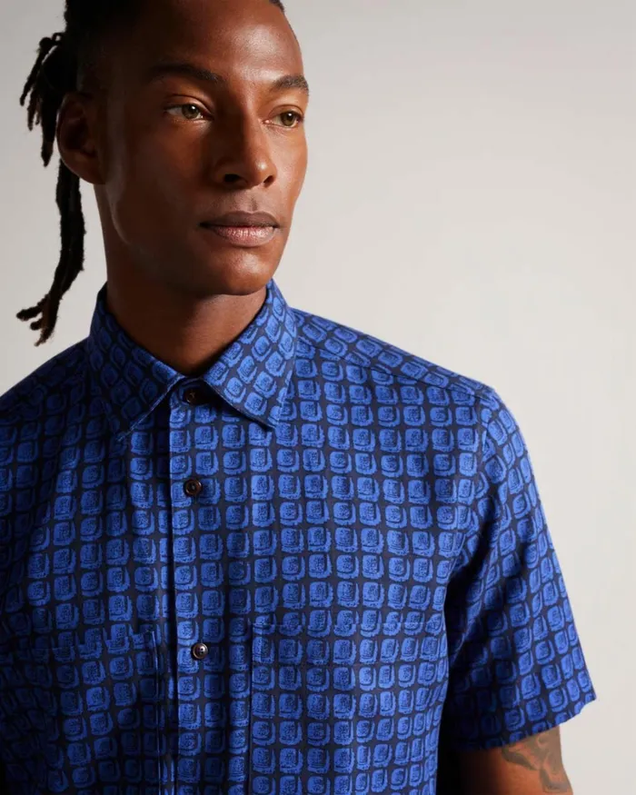Short Sleeve Retro Tile Print Shirt Navy Men Ted Baker Shirts Short Sleeve Retro Tile Print Shirt Navy Men Ted Baker Shirts
