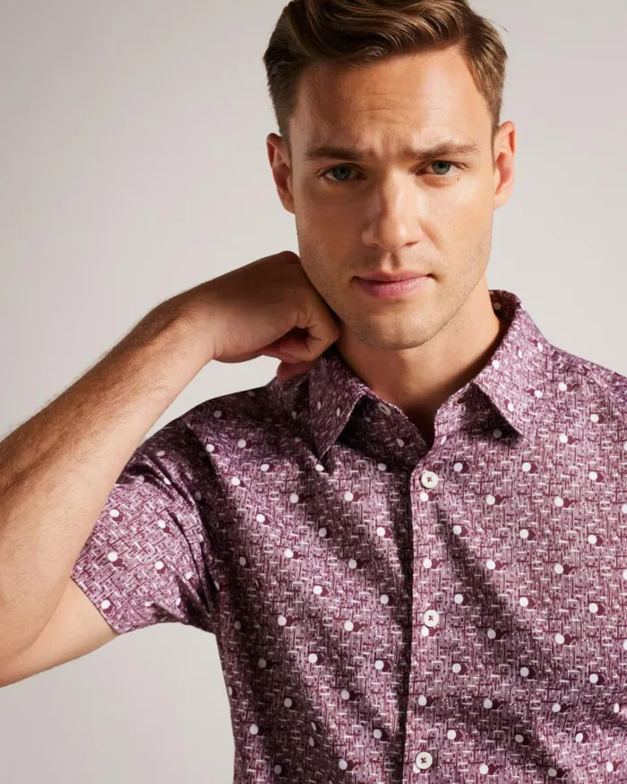 Short Sleeve Spot Print Shirt Maroon Men Ted Baker Clothing Short Sleeve Spot Print Shirt Maroon Men Ted Baker Clothing