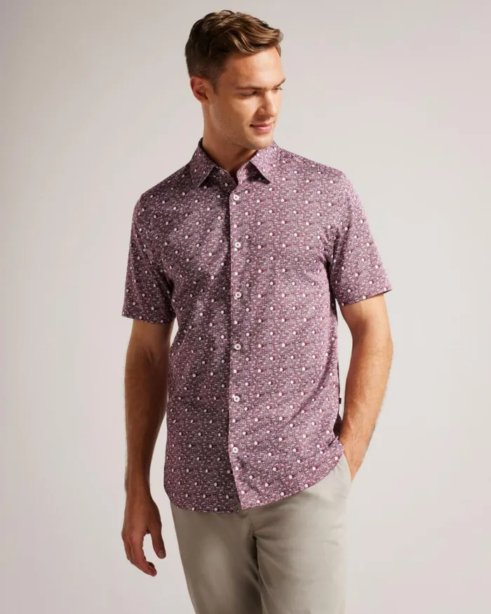 Short Sleeve Spot Print Shirt Maroon Men Ted Baker Clothing Short Sleeve Spot Print Shirt Maroon Men Ted Baker Clothing