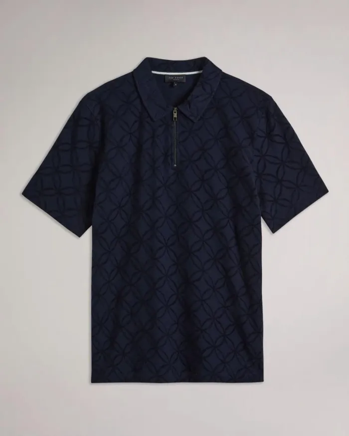 Short Sleeve Zip Jacquard Polo Shirt Navy Men Ted Baker Tops