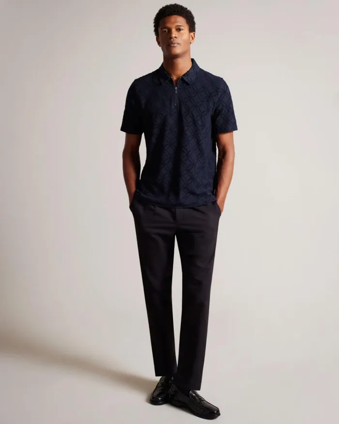 Short Sleeve Zip Jacquard Polo Shirt Navy Men Ted Baker Tops Short Sleeve Zip Jacquard Polo Shirt Navy Men Ted Baker Tops