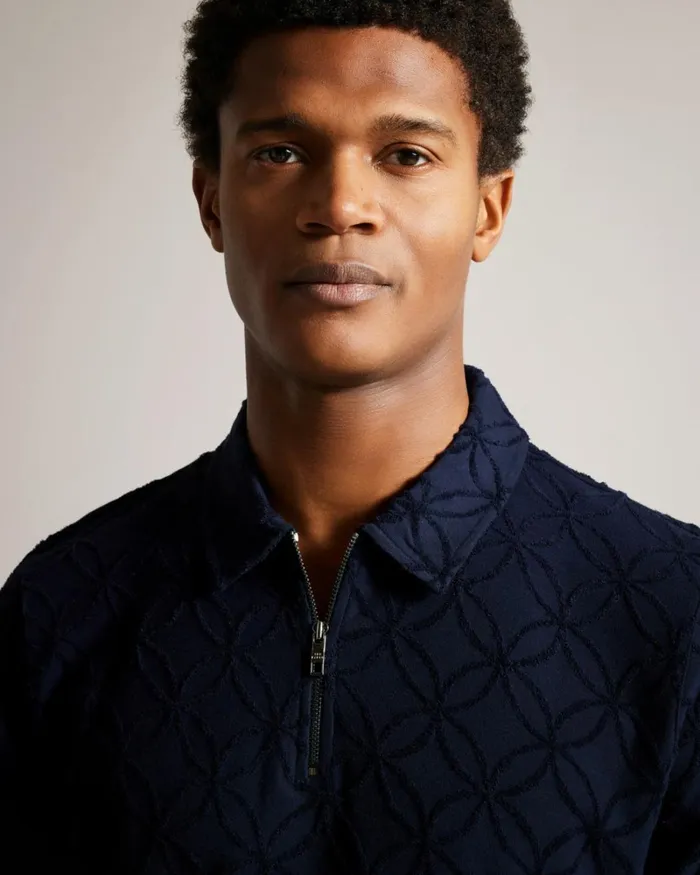 Short Sleeve Zip Jacquard Polo Shirt Navy Men Ted Baker Tops Short Sleeve Zip Jacquard Polo Shirt Navy Men Ted Baker Tops